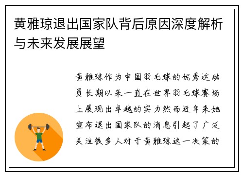 黄雅琼退出国家队背后原因深度解析与未来发展展望